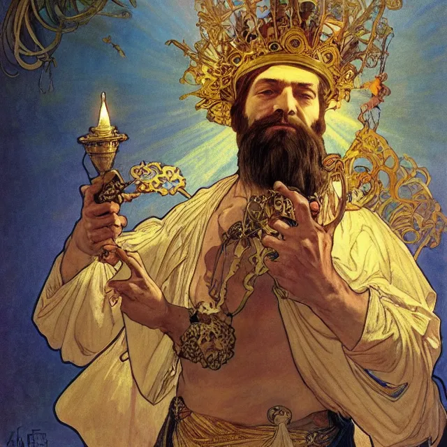Prompt: an aesthetic! a detailed portrait of a man in a long beard, with a crown, holding a lantern with piles of gold in the background, by frank frazetta and alphonse mucha, oil on canvas, art nouveau dungeons and dragons fantasy art, hd, god rays, ray tracing, crisp contour lines, huhd