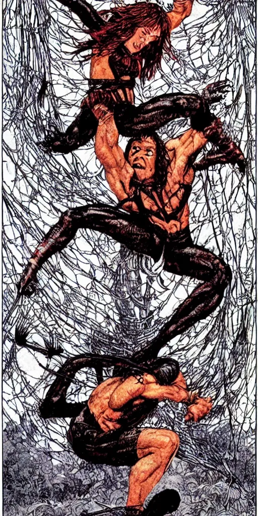 Image similar to “ conan the barbarian leaping to attack a giant black spider, red eyes ” “ a beautiful woman is tied up in spider webs ” val semeiks, barry windsor smith, john buscema, ernie chan, earl norem.