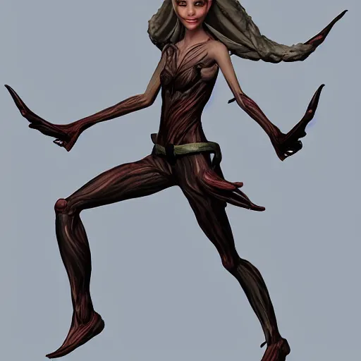 Image similar to female elf, tree person, dynamic pose, elongated legs, long fingers, talons, terrifying, dark, fog, artstation