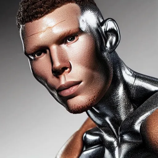 Image similar to “a realistic detailed photo of a guy who is an attractive humanoid who is half robot and half humanoid, who is a male android, basketball player Blake Griffin, shiny skin, posing like a statue, blank stare”