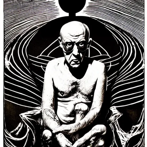 Image similar to graphic illustration, creative design, aleister crowley, biopunk, francis bacon, highly detailed, hunter s thompson, occult, magical, concept art