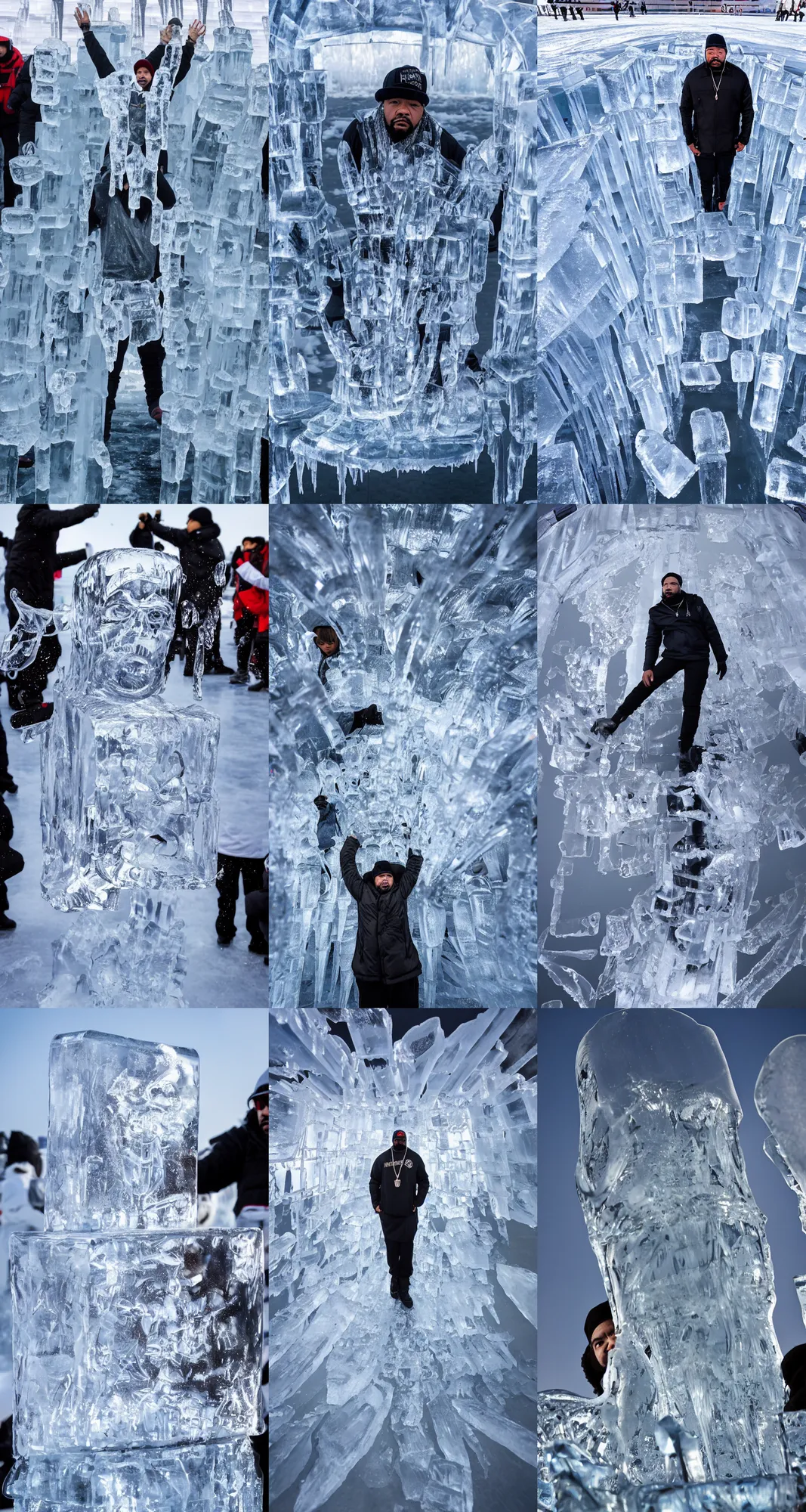 Prompt: dramatic photo, the rapper'ice cube'frozen in ice at harbin ice festival, full body, wide angle photo, award winning