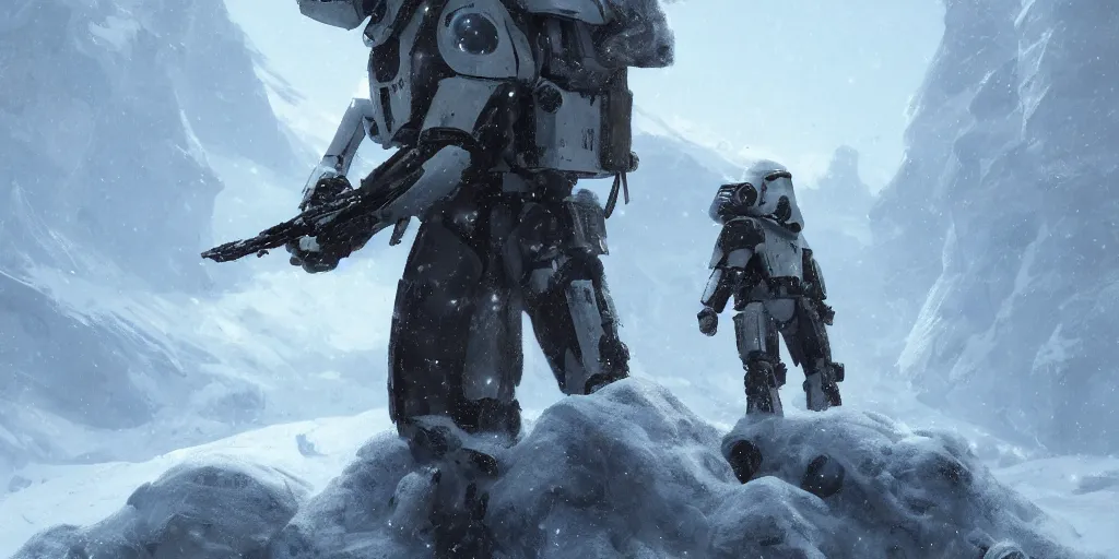 Image similar to sci - fi snowtrooper on a snowy mountain top, greg rutkowski, 8 k, shallow depth of field, intricate detail, concept art,