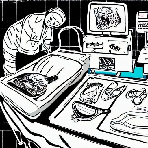 Image similar to chinese surgery operating table, in the style of daniel johnston and outsider art, 8k, line brush, overlaid with chinese adverts
