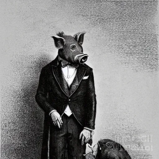 Image similar to a pig in a tuxedo, creepy atmosphere, dark, portrait, realistic, very realistic, illustration by Gustave Doré