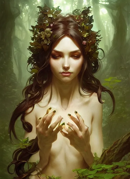 Image similar to a cute forest elemental, with fingers, fantasy, intricate, elegant, highly detailed, digital painting, artstation, concept art, wallpaper, smooth, sharp focus, illustration, art by artgerm and greg rutkowski and alphonse mucha