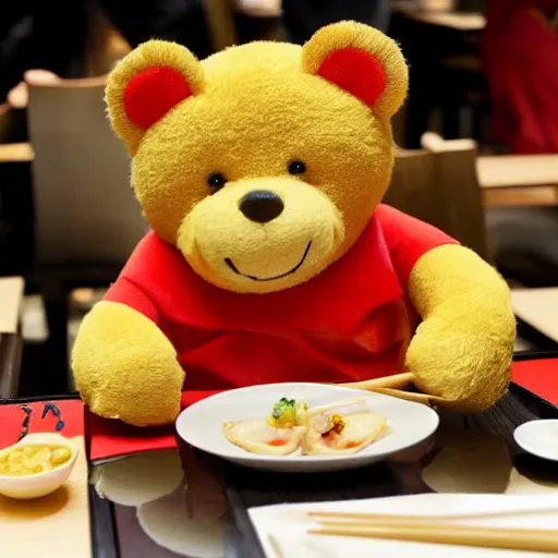 Image similar to Yellow teddy bear wearing red shirt eating sushi at a restaurant, realistic, highly detailed