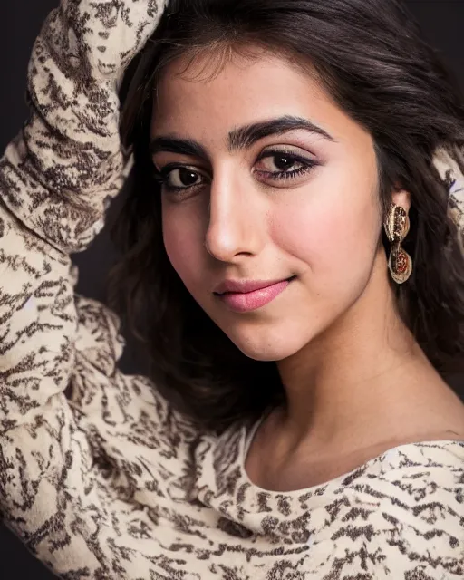 Image similar to a highly realistic, true to life portrait of a beautiful young middle eastern girl, with a symmetrical face, sharp focus, from the waist up, with sharp features, a beautiful face, soft smile, under studio lighting, taken with a canon eos camera with 1 3 5 mm focal length