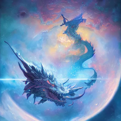 Image similar to prompt crystalline blue scales, dragon in space, biting a planet, sun system, nebula, oil painting, by Fernanda Suarez and and Edgar Maxence and greg rutkowski