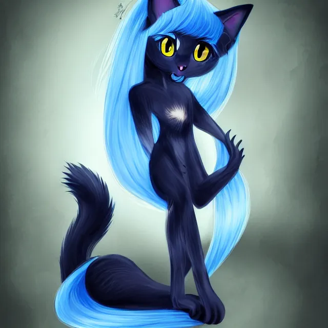 Image similar to anthro black cat with blue hair and blue eyes, pixiv, digital art