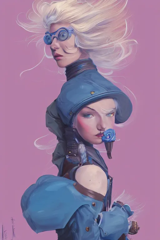 Image similar to portrait painting of a teenage girl with swept back wild blue hair, fashionable, windy, steampunk, full body, solid background color, sharp focus, award - winning, cinematic pose, cinematic lighting, trending on artstation, masterpiece, highly detailed, intricate. art by josan gonzales and moebius and deathburger