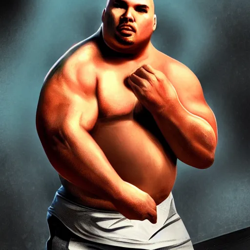 Image similar to fat Joe with the physique of a body builder, realistic, detailed, cinematic, dynamic lighting, photorealistic, refined, intricate, digital art, digital painting, masterpiece, gym background,