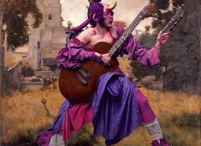 Prompt: a tiefling bard with red skin and horns, wearing purple playing guitar. edgar maxence and caravaggio and michael whelan and delacroix style, artistic, intricate painting, cinematic lighting, hyper realistic, extremely detailed, vivid colors, establishing shot, dramatic lighting