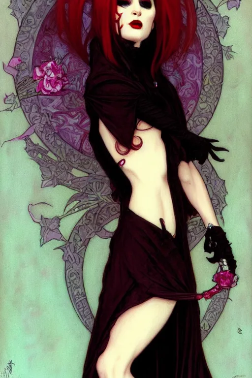 Prompt: androgynous vampire, flowerpunk, trending on art station, by brom, mucha, artgerm