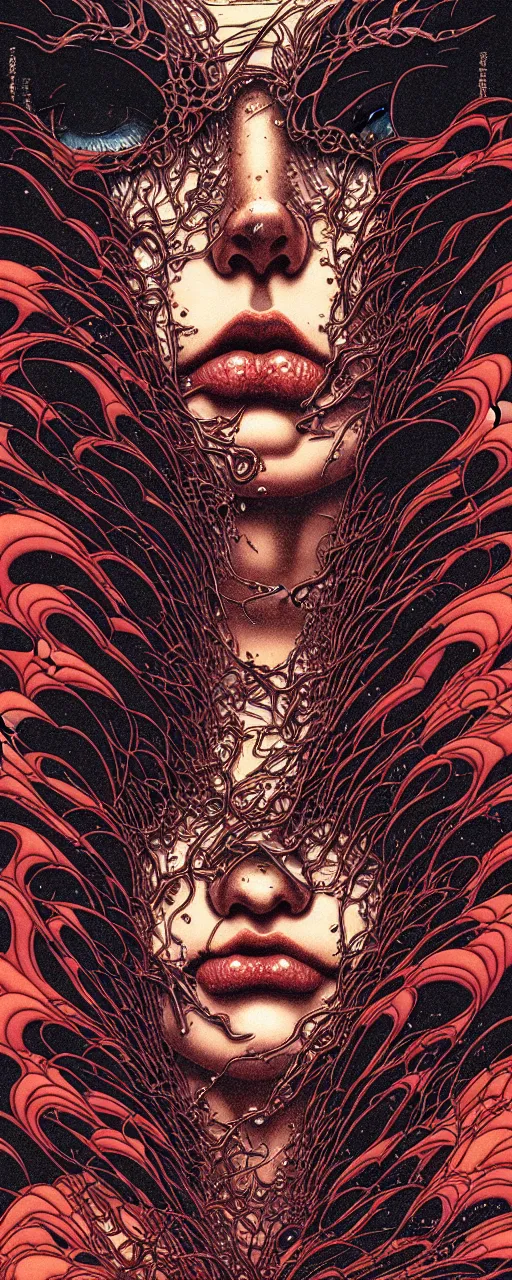 Image similar to closeup of face melting in agony, inside a frame on a tiled wall, frontal picture, by yoichi hatakenaka, masamune shirow, josan gonzales and dan mumford, ayami kojima, takato yamamoto, karol bak