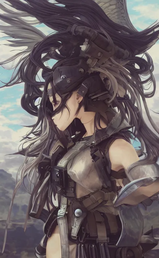 Image similar to mechanized valkyrie, anime style, videogame character design, vintage clothing, spread wings, long hair, hair down, symmetrical facial features, from arknights, hyper realistic, 4 k, rule of thirds, extreme detail, detailed drawing, safebooru, hd, d & d, realistic lighting, by alphonse mucha, greg rutkowski