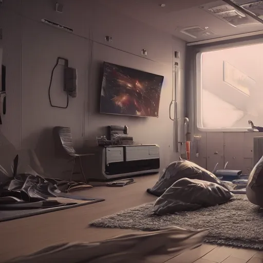 Prompt: award winning interior of futuristic bedroom cluttered with electronics, close up, wadim kashin, simon stalenhag, xf iq 4, f / 1. 4, iso 2 0 0, 1 / 1 6 0 s, 8 k, raw, featured in artstation, octane render, cinematic, elegant, intricate, 8 k