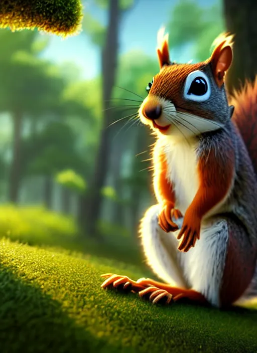 Image similar to a wholesome animation key shot of a cute squirrel, close - up, tree in the background, leaves in the foreground, studio ghibli, pixar and disney animation, sharp, rendered in unreal engine 5, anime key art by greg rutkowski, bloom, dramatic lighting