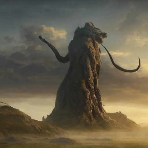 Image similar to enormous creature towering over the plains, seen from a distance, volumetric lighting, 8 k octane beautifully detailed render, post - processing, extremely hyper - detailed, intricate, epic composition, cinematic lighting, masterpiece, trending on artstation, masterpiece, stunning art by anders zorn, wonderful masterpiece by greg rutkowski, beautiful cinematic