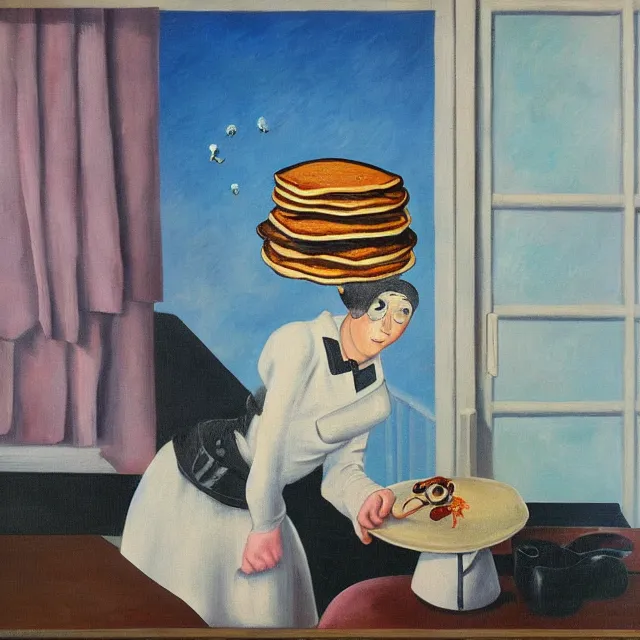 Image similar to tall emo female artist holding pancakes, in chippendale sydney, pigs, octopus, acrylic on canvas, surrealist, by magritte and monet