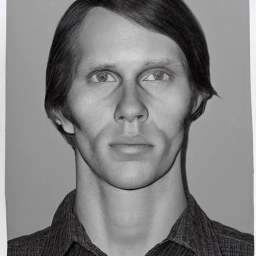 Prompt: A mugshot portrait of a man who looks like Jerma985 with medium length wavy hair, a combover and wearing late 1970s popped collared menswear in the late 1970s, taken in the late 1970s, grainy, realistic, hyperrealistic, very realistic, highly detailed, very detailed, extremely detailed, detailed, digital art, trending on artstation, front facing, front view, headshot and bodyshot, detailed face, very detailed face