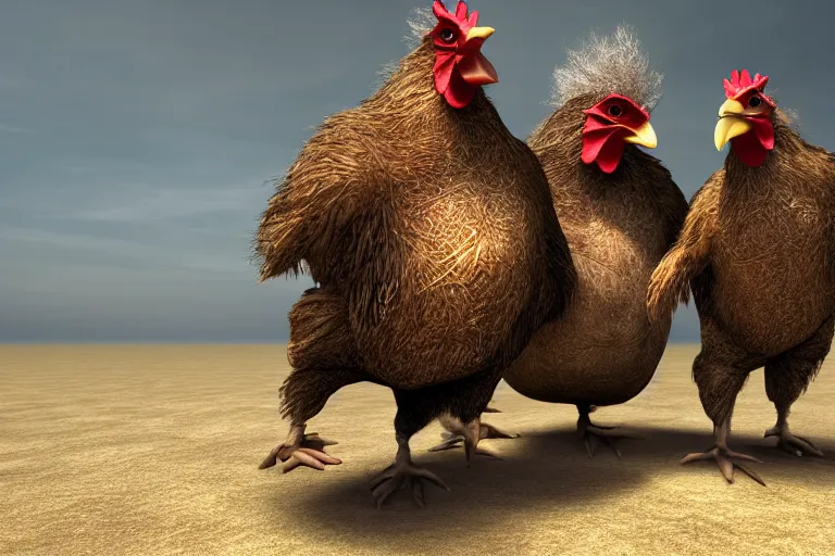 Prompt: photo, two hairy fat ugly old men fight huge chickens 4 0 1 2 7 on a beach, highly detailed, scary, intricate details, volumetric lighting, front view