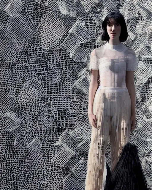 Image similar to olivia at the new york fashion week, wearing an outfit made of frisbees, black hair, freckles, pale skin, photo by greg rutkowski, harsh shadows, bright lighting, female beauty, intricate detail, elegance, sharp shapes, masterpiece