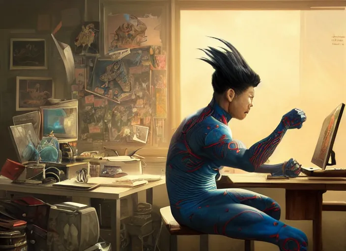 Image similar to an insanely detailed painting of an asian man wearing a homemade superhero costume, sitting at a desk, staring seriously at the computer and typing, in the style of peter mohrbacher, james jean, artgerm, dramatic lighting and composition, surreal background, octane render, pixar, trending on artstation, concept art, comic book, view from behind, 8 k