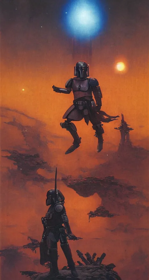 Prompt: dramatic mandalorian with backlight by beksinski on a background with destroyed planets and atomic bomb explosion