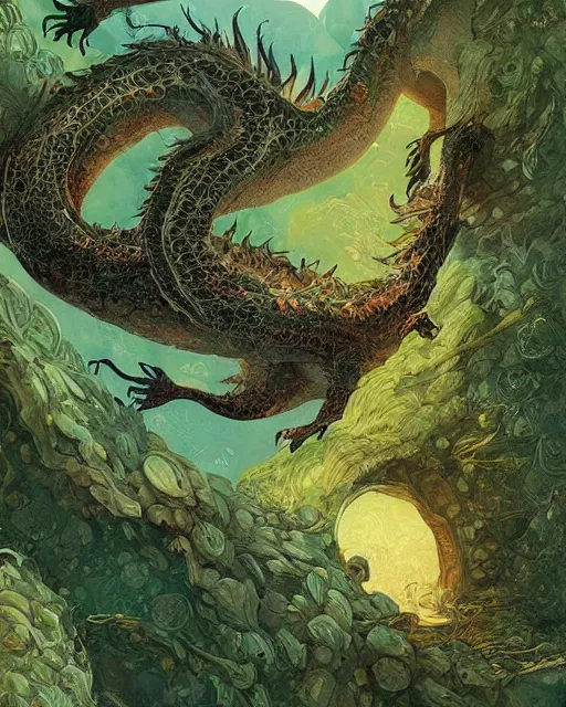 Image similar to a giant slumbering sleeping green dragon, digital art, illustrated by james gurney and victo ngai