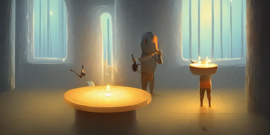 Prompt: weird perspective epic illustration of a kitchen dim lit by 1 candle in a scenic environment by Christopher Balaskas