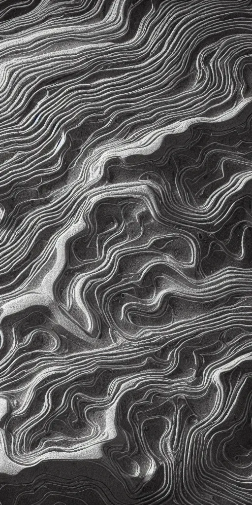 Image similar to a photorealistic render of a topographic map, on a black background, greyscale, made of melted plastic and marble, c 4 d, by zhelong xu ouchh studio and ernst haeckel, wide angle, hyper realistic, plain black background, 8 k, volumetric lightning, octane render