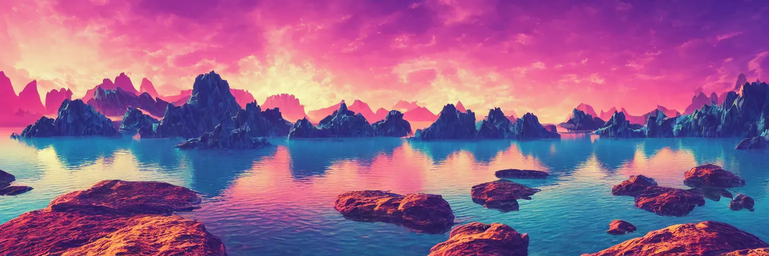 Image similar to super detailed color art, a sinthwave northern sunset with rocks on front, lake in the middle of perspective and mountains at background, unreal engine, retrowave color palette, 3d render, lowpoly, colorful, digital art