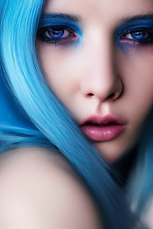 Image similar to hd photograph of a pretty girl with blue hair, close up portrait, skin texture, in the style of ilya kuvshinov, dramatic lighting, fantasy, intricate, elegant, highly detailed, lifelike, photorealistic, digital painting, bokeh, hdr, high resolution, unsplash, smooth, sharp focus, art by krenz cushart and albert aublet