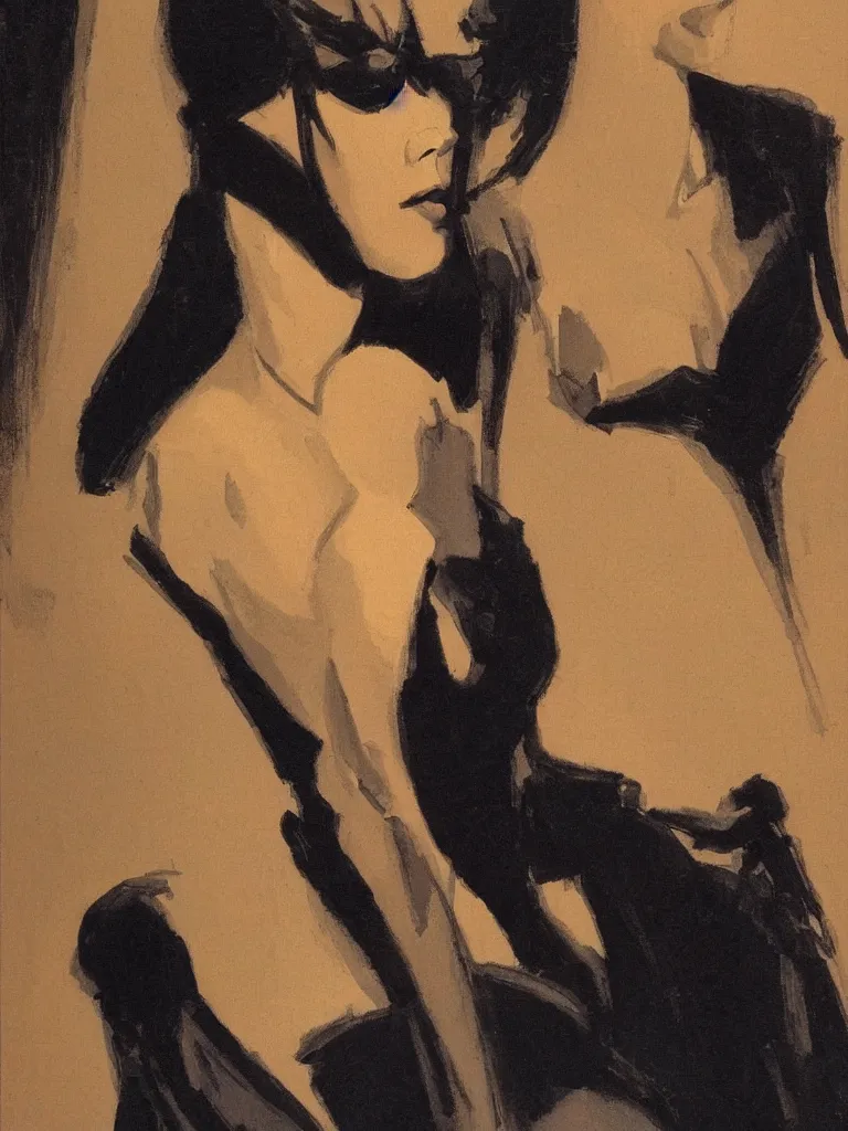 Image similar to portrait profile of one mysterious dark beautiful women in 1 9 7 8, oil painting by john watkiss