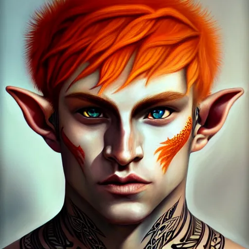 Prompt: portrait painting of an elven young man with short light orange hair and tribal tattoos on his face wearing fur armor, sharp focus, award - winning, trending on artstation, masterpiece, highly detailed, intricate. art by aurore folny