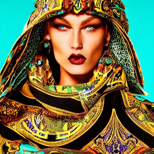 Image similar to An editorial up close macro photo portrait 105mm f2.8 in of a Versace woman model with a Turquoise ornate reflective helmet mask and scarf standing in sand dunes the style of highly detailed David Lachapelle