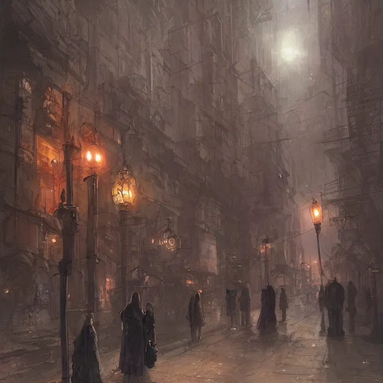 Image similar to some people waiting in a lone bus stop in qiet dark city, by marc simonetti