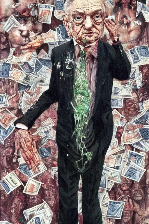 Image similar to George Soros full body shot, dollar bills Body horror, biopunk, by Ralph Steadman, Francis Bacon, Hunter S Thompson