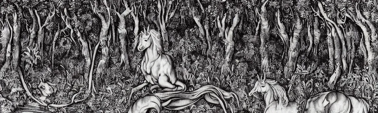 Prompt: Elaborate wallpaper print of A Beautiful Unicorn in the clearing of a sacred grove in the style of Albrecht Durer and Martin Schongauer, high contrast finely carved woodcut black and white crisp edges