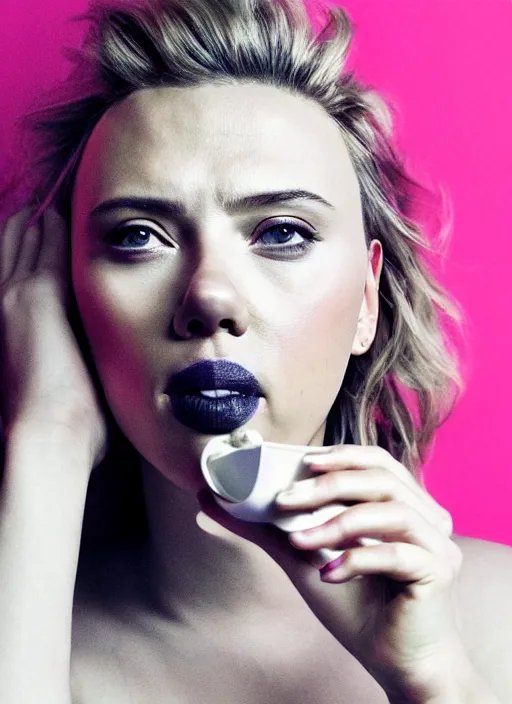 Prompt: scarlett johansson looking at the camera while about to eat yogurt, sadly the container exploded and the yogurt is all over her face. real photo, photoshooting, studio light, black background, intricate, epic lighting, cinematic composition, hyper realistic, 8k resolution, unreal engine 5