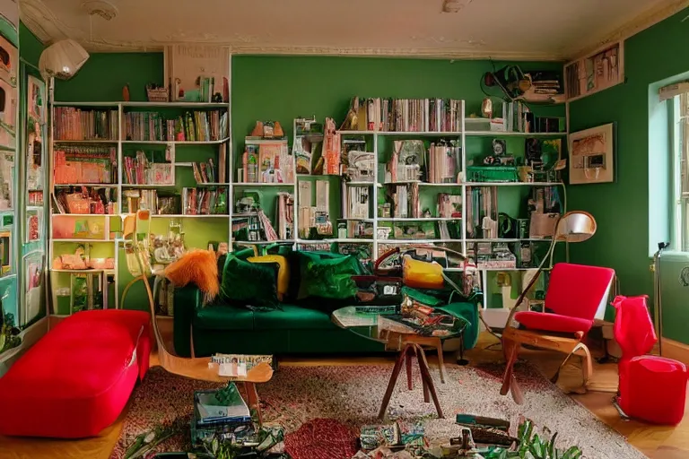 Image similar to apartment inspo groovy lava lamp theme, frog themed, in 2 0 5 5, y 2 k cybercore, bright - light photography, bathed in the glow of a crt monitor, still from a wes anderson movie