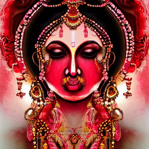 Prompt: beautiful Hindu goddess of the dark with veil, in darkness, cover with a lot of red water, horror terrifying, surreal realistic, photorealistic, hyper details, full HD, 8k!