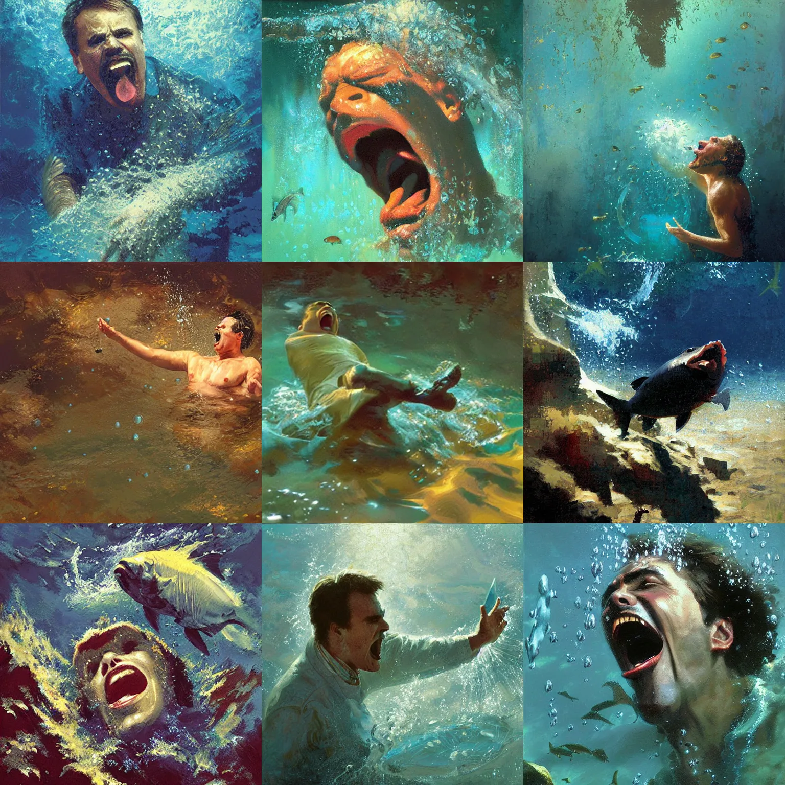 Prompt: portrait of Friedrich Nietzsche screaming underwater. fish swimming around. air bubbles. painting by Craig Mullins,