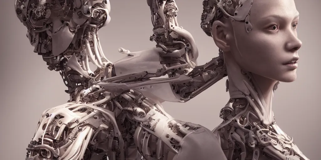 Image similar to photorealistic gorgeous symmetrical female cyborg, holding intimately, highly detailed, arms, knees, back, intricate, in the style of beth cavener, jin kagetsu, wlop, masterpiece, concept art, high key lighting, ambient lighting, octane render, 8 k, artstation