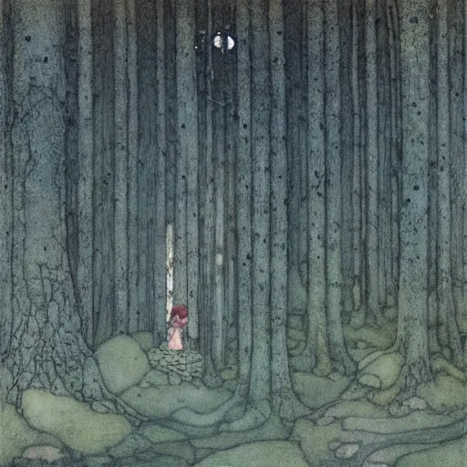 Image similar to lone person in the dark forest, trolls, painting by john bauer