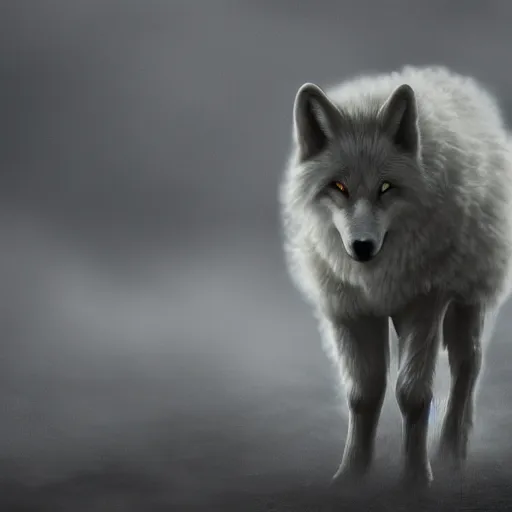 Prompt: Bloodthirsty wolf in white sheep's clothing, gloomy atmosphere, hyperrealism, no blur, 4k resolution, ultra detailed-i