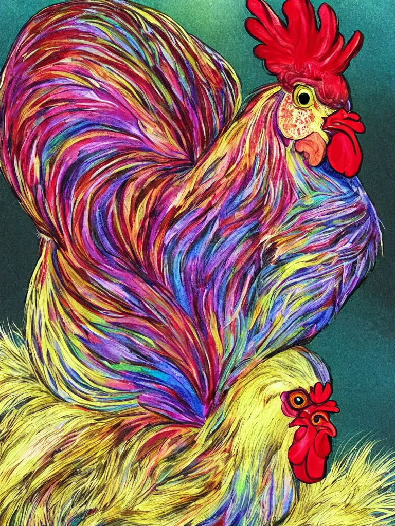 Image similar to 'a painted Easter egg that is imagining becoming a chicken as imagined by a iridescent rooster as imagined by a cat that is laying half asleep on the windowsill as the mentally ill geek girl reads the cat's thoughts concerning the iridescent rooster is imagining a beautiful painted Easter egg that is imagining turning into a chicken.', an image of a pretty Latina geek girl with light tan skin and straight dyed blonde hair wearing casual at home clothes. 3D render at 16K resolution. epically surreally epic image. rendering amazing detail. vivid clarity. ultra shadowing. mind-blowing quality.