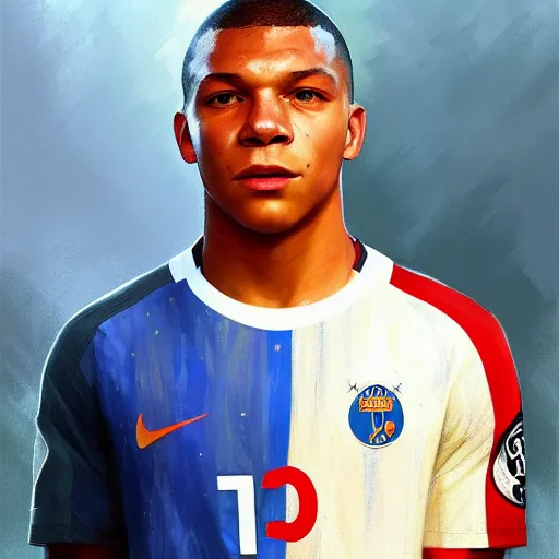 Image similar to Portrait of Kylian Mbappé, digital painting, highly detailed, concept art, Artstation, Cgsociety, by Artgerm, by Alphonse Mucha, by Wlop