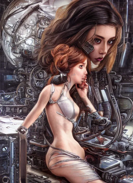 Image similar to android girl opening her back paneling to let her heatsinks flush out while another toned girl does repairs on the robot girl's key components, beautiful detailed eyes, fantasy, intricate, elegant, highly detailed, digital painting, 4 k, hdr, concept art, smooth, sharp focus, illustration, art by artgerm, h r giger and alphonse mucha
